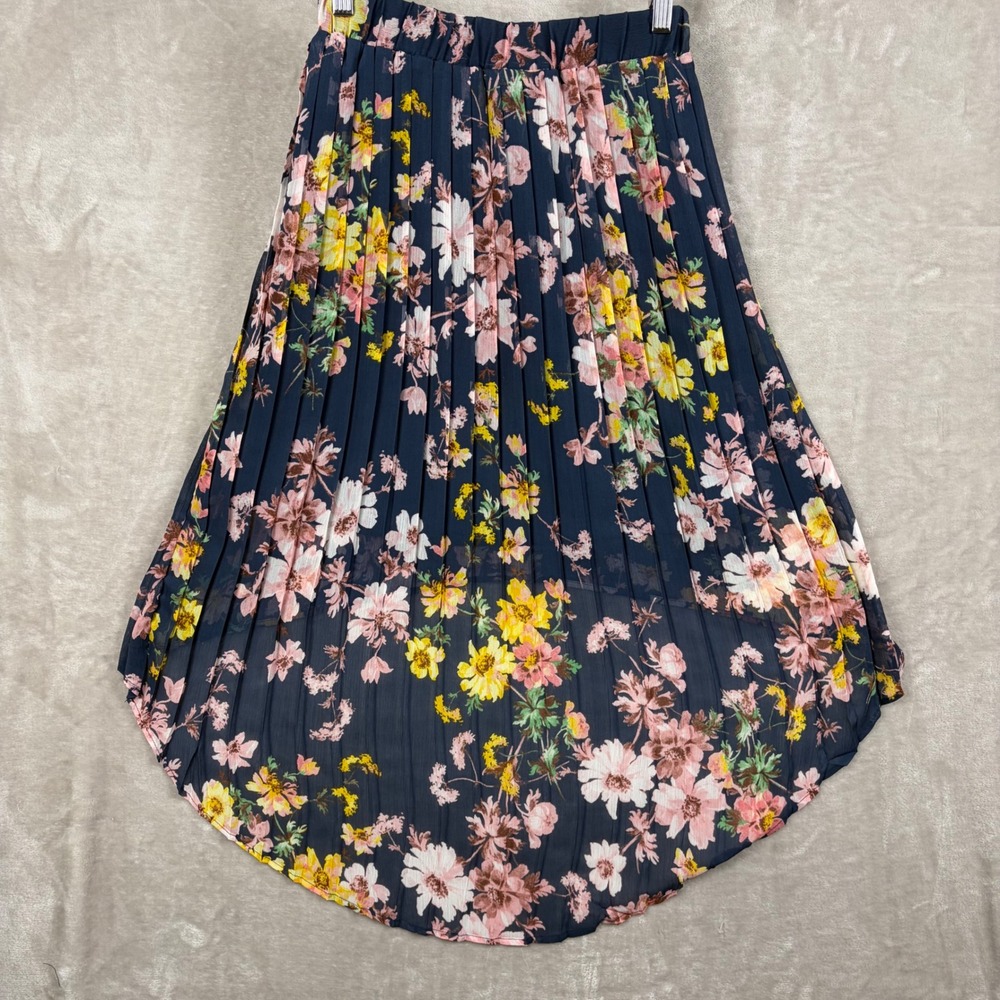 Xhilaration Skirt S Navy Blue Pleated High Low Elastic Waist Boho Dark Floral - Picture 9 of 11